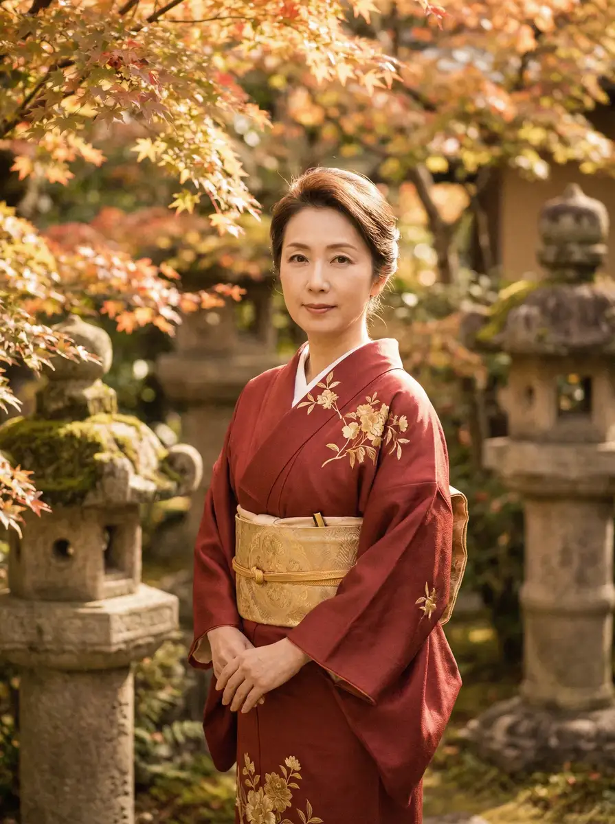 一位身穿暗红色和服的优雅 19免费下载 在日式庭院中